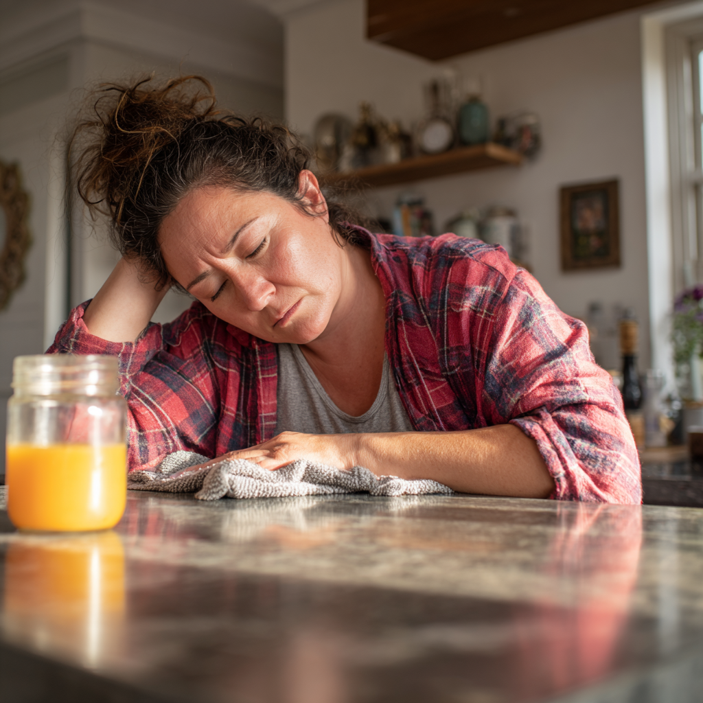 Exhausted woman with thyroid symptoms