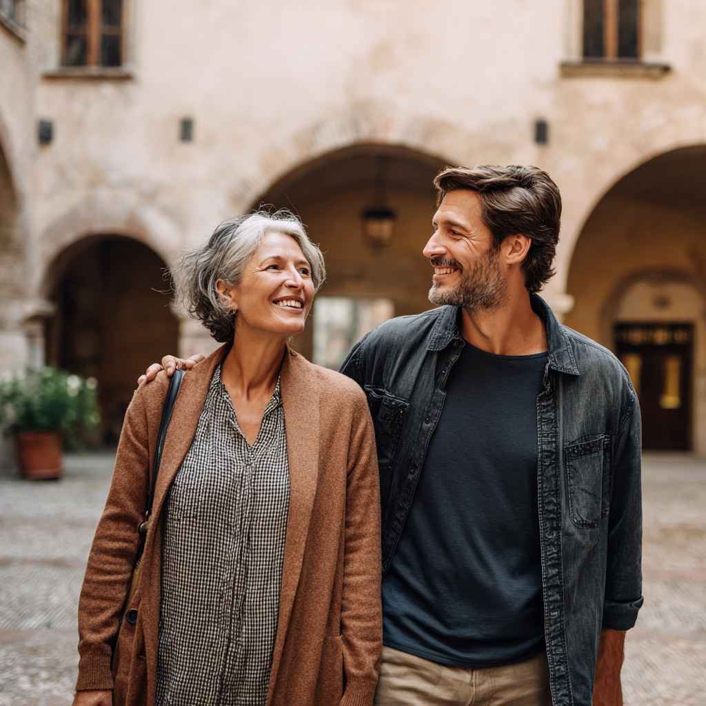 Happy couple walking in a courtyard