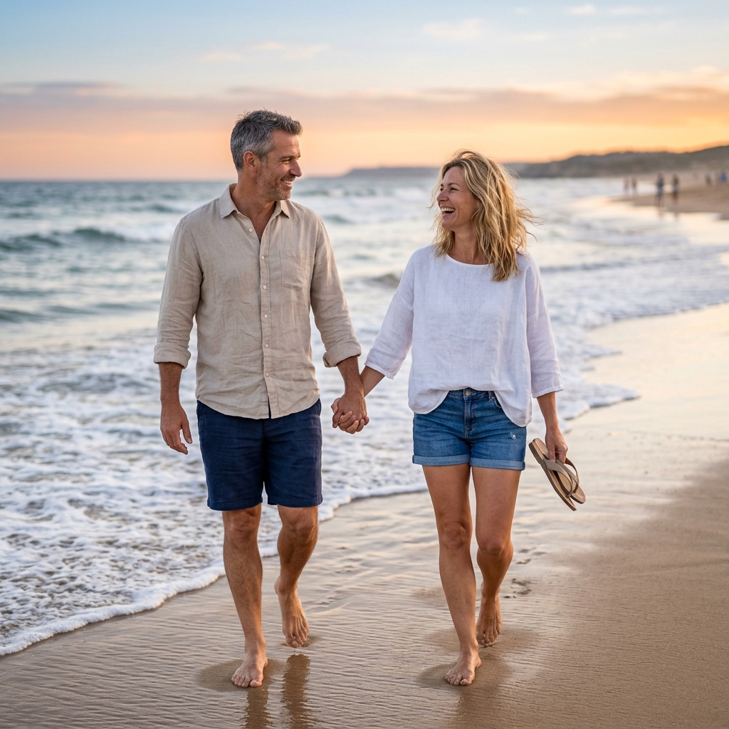 Couple walking in a park, happy and content