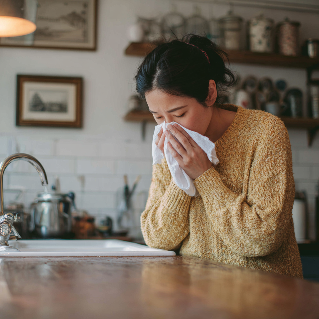 Woman with a cold blowing her nose