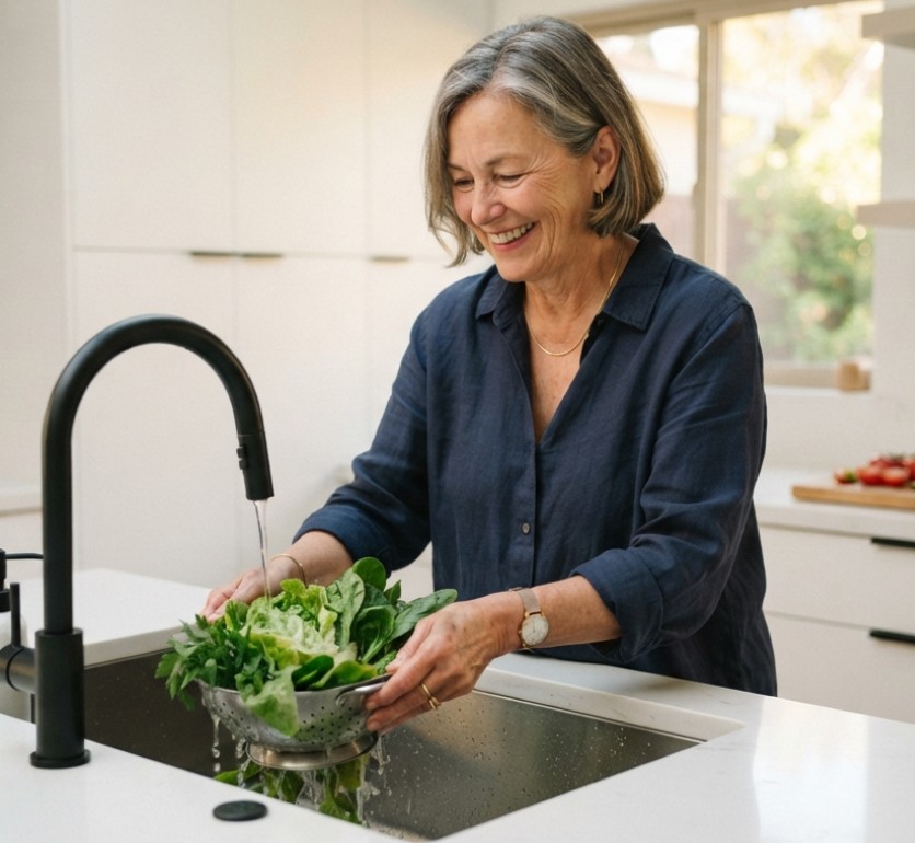 Woman washing greens in her kitchen
