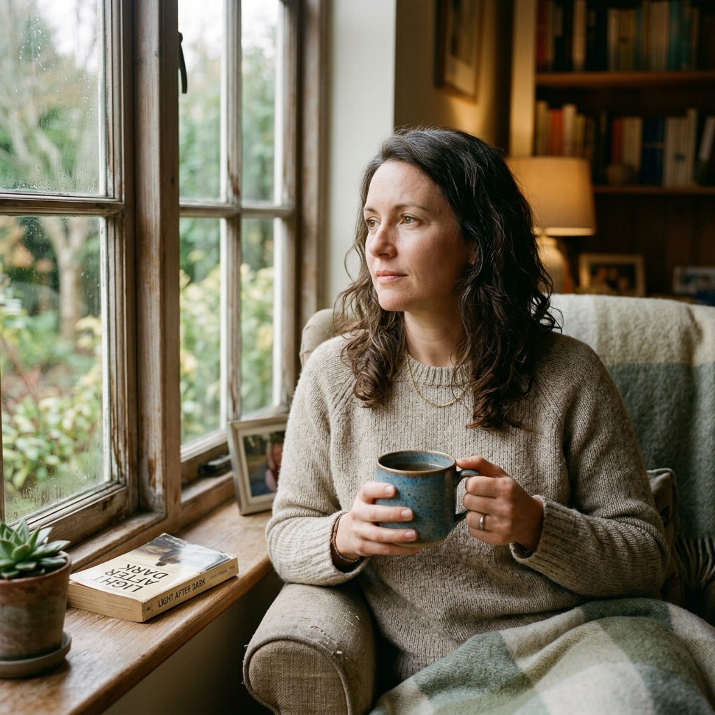 Woman relaxing by a window with a warm drink