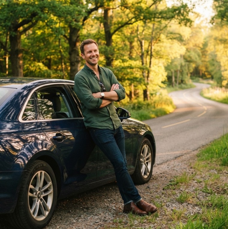 Man leaning on car, relaxed and clear